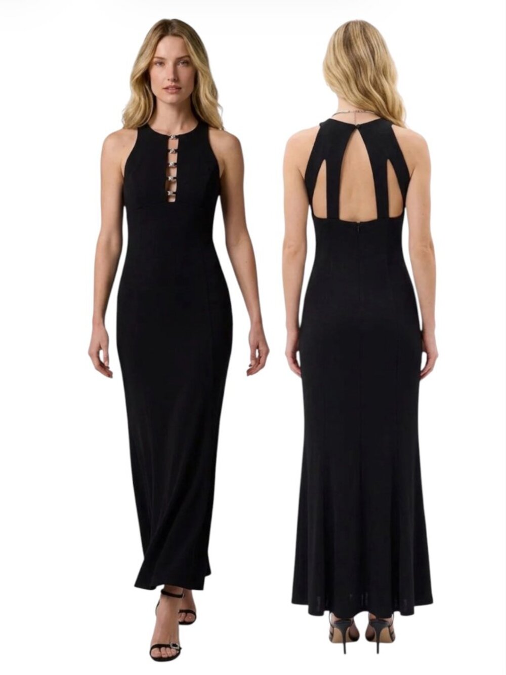 Jessica McClintock Black Front Cutout Open Back Detail Cocktail Maxi Gown